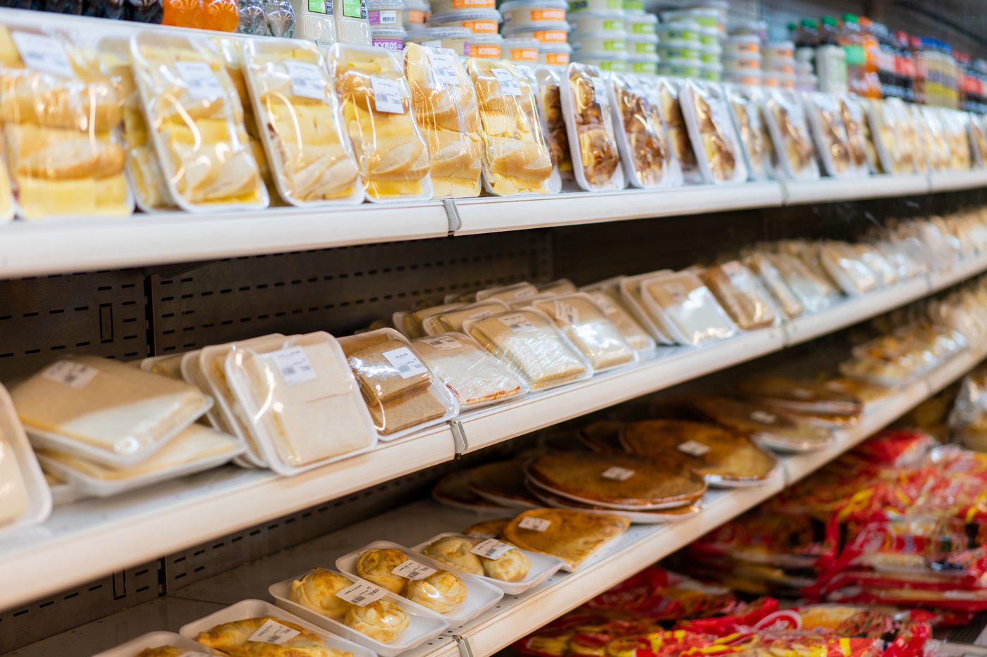 Packaged food products on a retail shelf